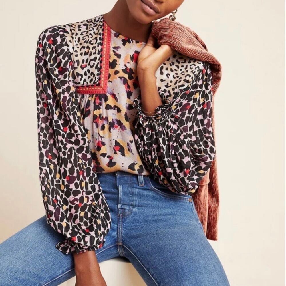 Anthropologie Blank London Joelle Leopard Print Peasant Top Size XS